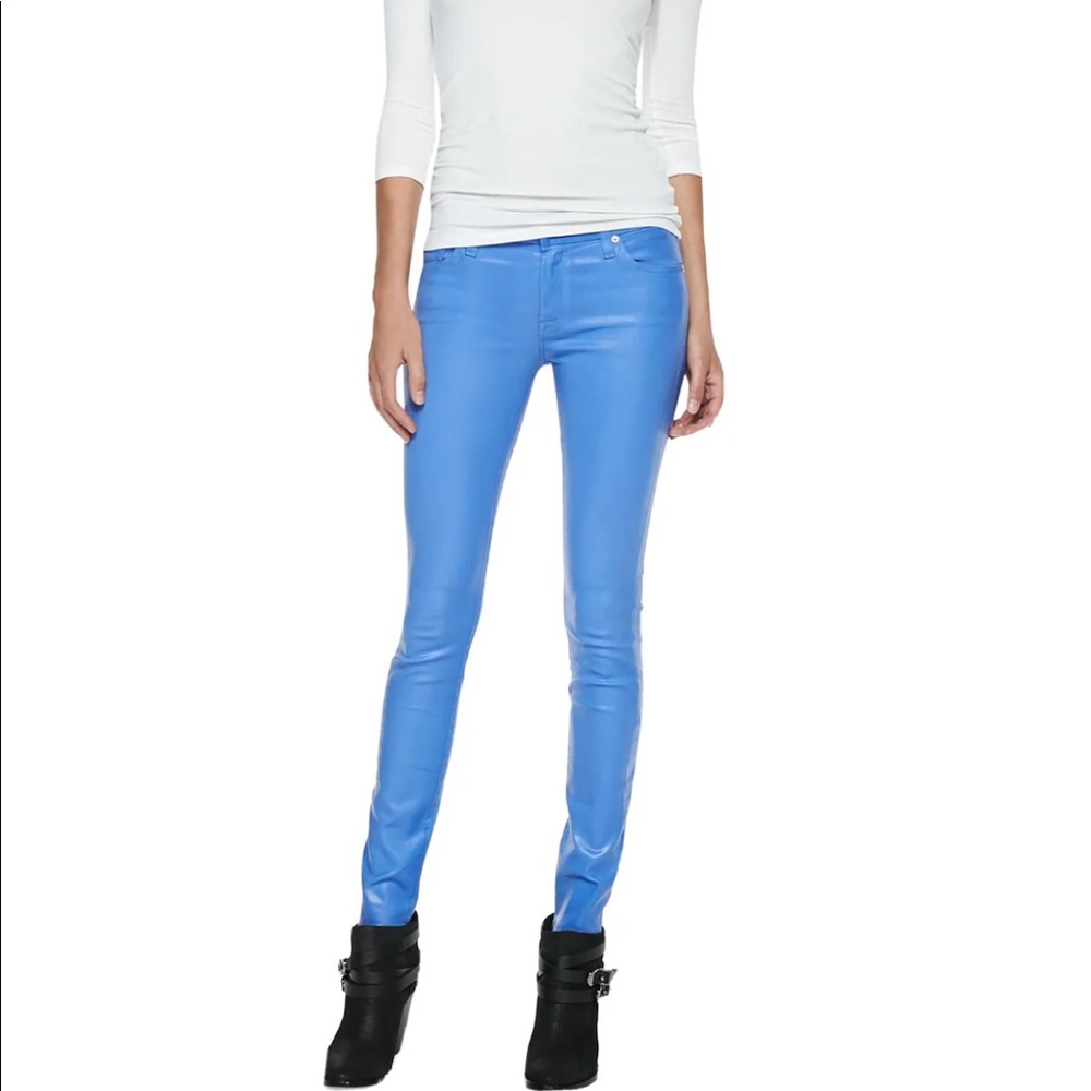 7 FOR ALL MANKIND “THE MID-RISE SKINNY" Coated Stretch Jeans In "BLUE TOPAZ"